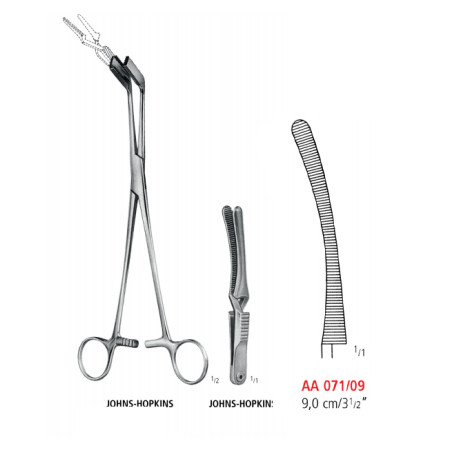 AA 071/09 затискач типу бульдог JOHNS-HOPKINS, зігнутий, 9 см