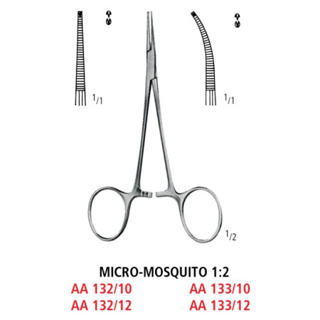 AA 132/10 зажим артериальный MICRO-MOSQUITO, прямой, зубцы 1х2, 10 см
