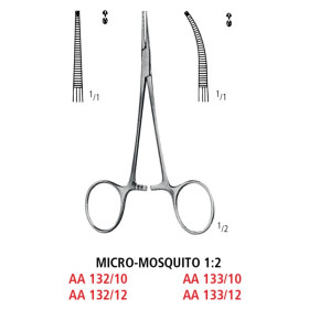 AA 133/10 затискач артеріальний MICRO-MOSQUITO, зігнутий, зубці 1х2, 10 см