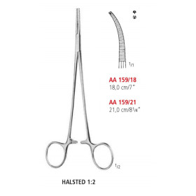 AA 159/21 зажим артериальный HALSTED, изогнутый, зубцы 1х2, 21 см