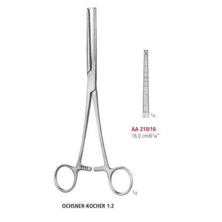 AA 210/16 затискач артеріальний OCHSNER-KOCHER, прямий, зубці 1х2, 16 см