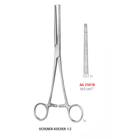 AA 210/18 затискач артеріальний OCHSNER-KOCHER, прямий, зубці 1х2, 18 см