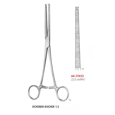 AA 210/22 затискач артеріальний OCHSNER-KOCHER, прямий, зубці 1х2, 22 см