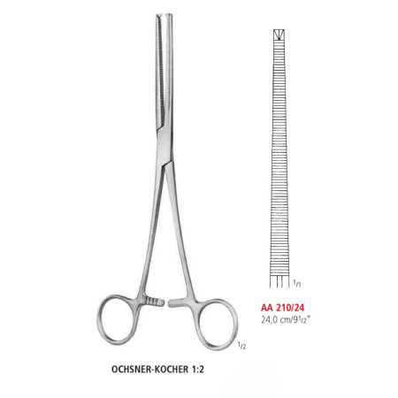 AA 210/24 затискач артеріальний OCHSNER-KOCHER, прямий, зубці 1х2, 24 см