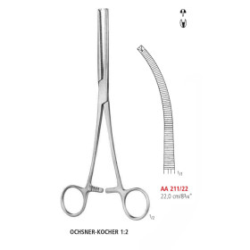 AA 211/22 зажим артериальный OCHSNER-KOCHER, изогнутый, зубцы 1х2, 22 см