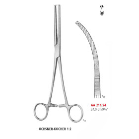 AA 211/24 зажим артериальный OCHSNER-KOCHER, изогнутый, зубцы 1х2, 24 см