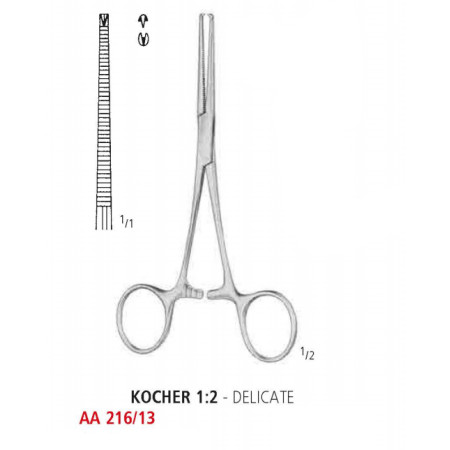AA 216/13 зажим артериальный KOCHER, деликатный, прямой, зубцы 1х2, 13 см