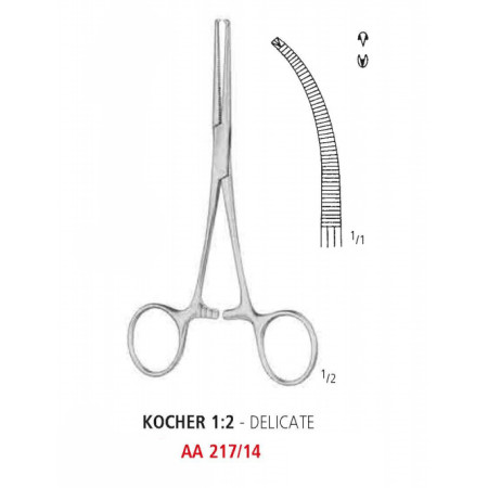 AA 217/14 зажим артериальный KOCHER, деликатный, изогнутый, зубцы 1х2, 14 см