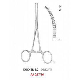 AA 217/16 зажим артериальный KOCHER, деликатный, изогнутый, зубцы 1х2, 16 см