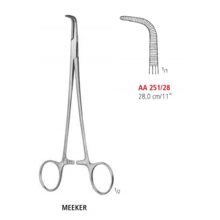 AA 251/28 затискач артеріальний MEEKER, зігнутий, зубці 1х2, 28 см