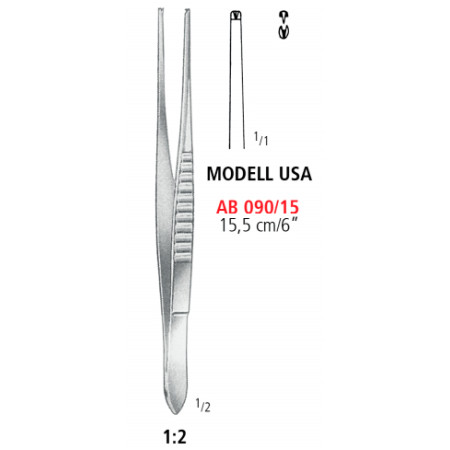 AB 090/15 щипці для тканин, MODELL USA, вузькі, зубці 1х2, 15.5 см