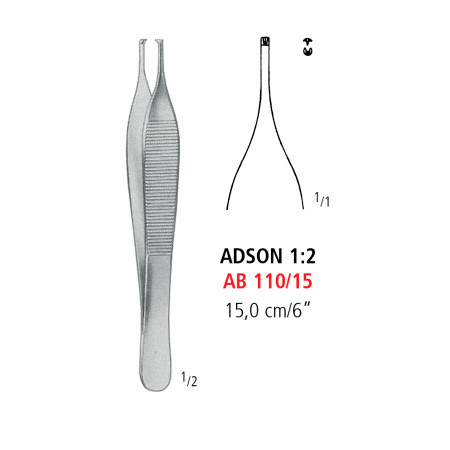 AB 110/15 щипці для тканин ADSON, зубці 1х2, 15.0 см