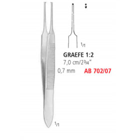 AB 702/07 пінцет для райдужної оболонки GRAEFE, прямий, зубці 1х2, 0.7 мм, 7.0 см