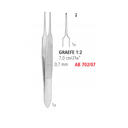 AB 702/07 пинцет для радужной оболочки GRAEFE, прямой, зубцы 1х2, 0.7 мм, 7.0 см
