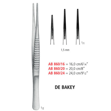 AB 860/24 пинцет атравматичный DE BAKEY, прямой, 1.5 мм, 24.0 см