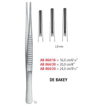 AB 864/16 пинцет атравматичный DE BAKEY, прямой, 2.8 мм, 16.0 см