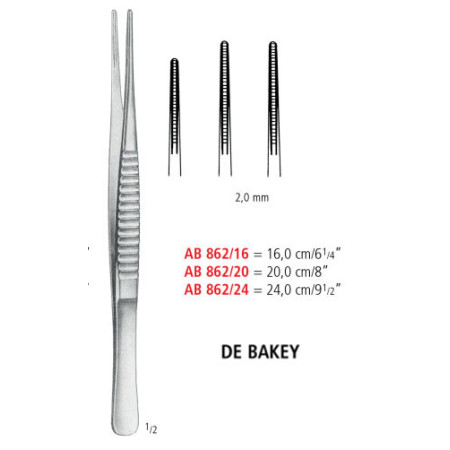AB 862/20 пинцет атравматичный DE BAKEY, прямой, 2.0 мм, 20.0 см