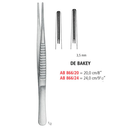 AB 866/24 пинцет атравматичный DE BAKEY, прямой, 3.5 мм, 24.0 см