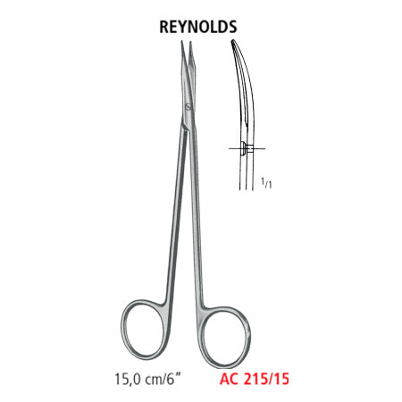 AC 215/15 ножницы анатомические REYNOLDS, изогнутые, заостренные, 15.0 см