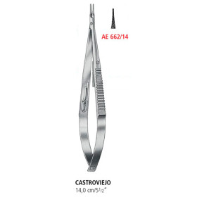 AE 662/14 иглодержатель CASTROVOEJO, прямой, с застежкой, зазубренный, 14.0 см