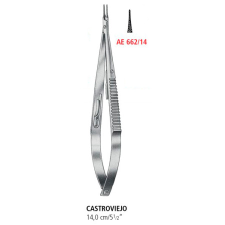 AE 662/14 голкотримач CASTROVOEJO, прямий, з застібкою, зазубрений, 14.0 см